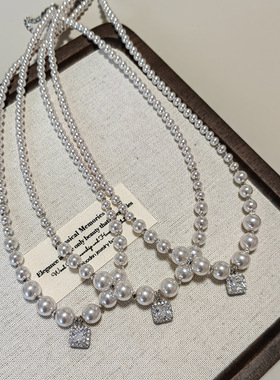 施家珍珠项链锆石方糖珍珠吊坠锁骨链法式气质纯银小众女颈链配饰