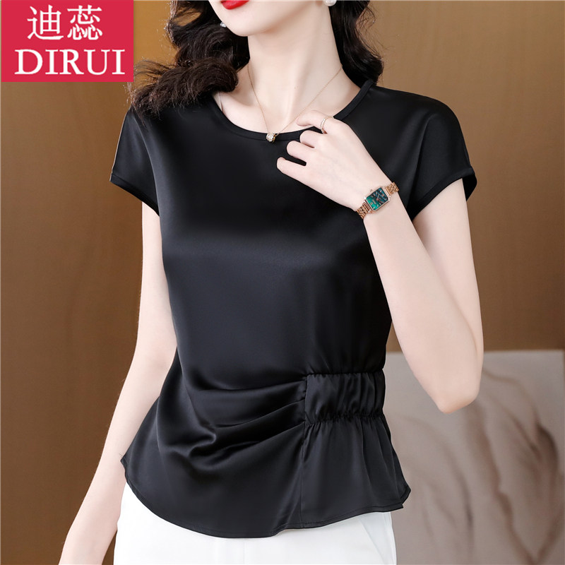 2023夏装新款气质短袖收腰雪纺衫 迪蕊蕾丝衫/雪纺衫