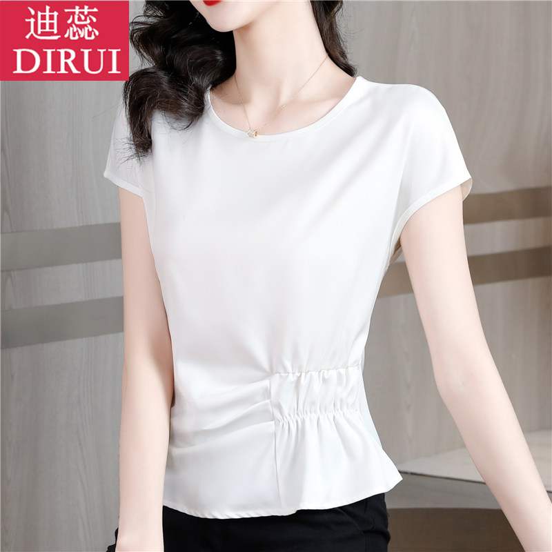 2023夏装新款气质短袖收腰雪纺衫 迪蕊蕾丝衫/雪纺衫