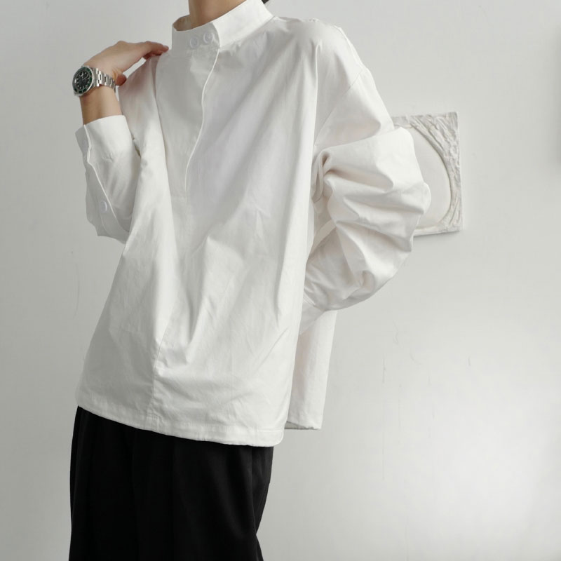 禁欲系男士白色衬衫男设计感小众上衣服高级感冷淡风立领韩版衬衣 - 图0