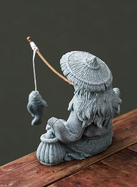 青砂石姜太公钓鱼工艺品小摆件钓鱼翁微景观鱼缸水族箱造景装饰品