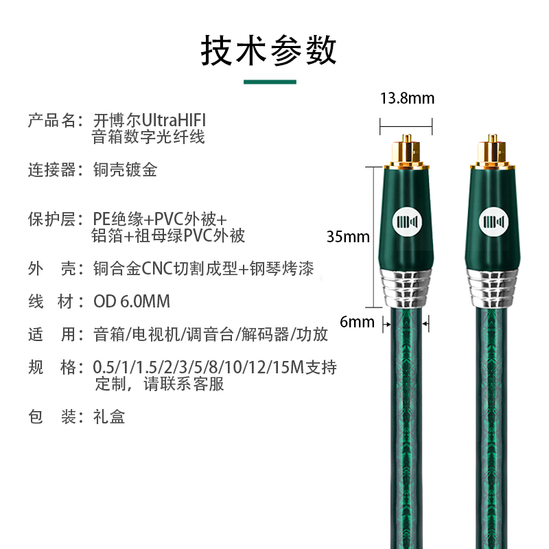 开博尔数字光纤音频线进口spdif方口音响功放回音壁5.1声道连接线