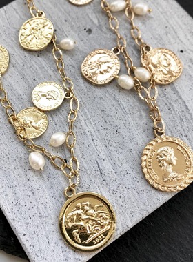 【芝麻芒果】美单Ettika淡水珍珠装饰双面coin长款毛衣链项链