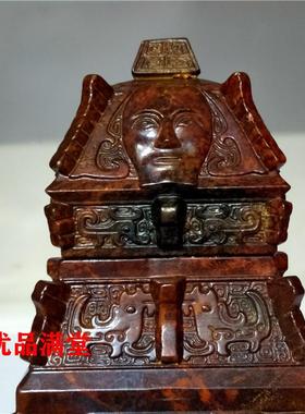 2025珠宝仿古做旧岫玉工艺品摆件玉鼎仿汉代人脸四面瑞兽香炉