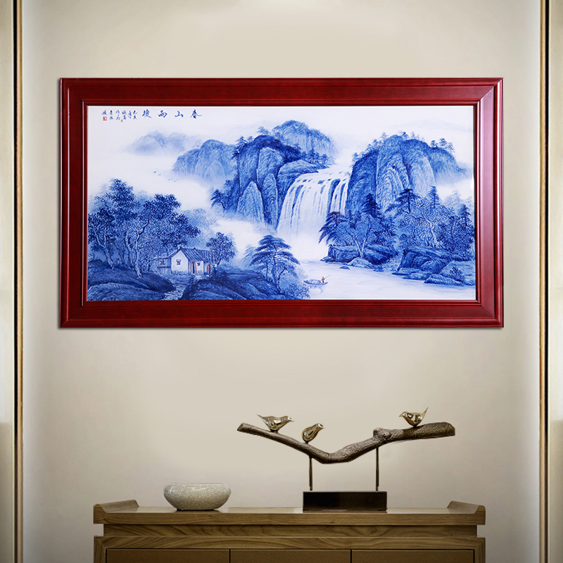 景德镇陶瓷瓷板画手绘青花山水挂画壁画客厅玄关装饰瓷画国画摆件-图2