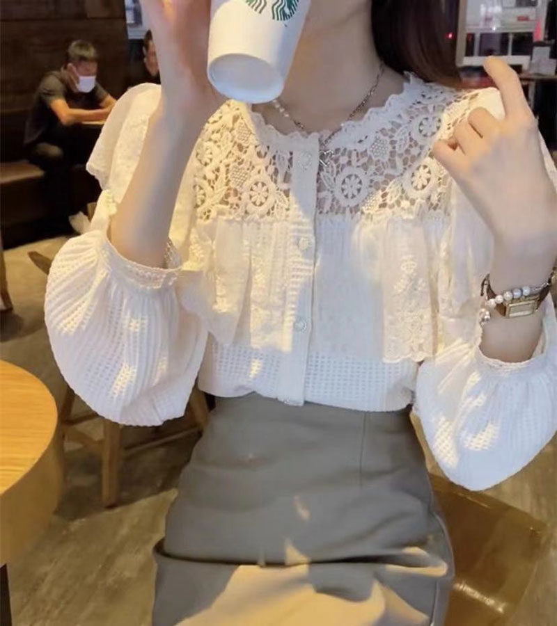 韩系风格穿搭百搭蕾丝花边拼接衬衣 芘魅蕾丝衫/雪纺衫