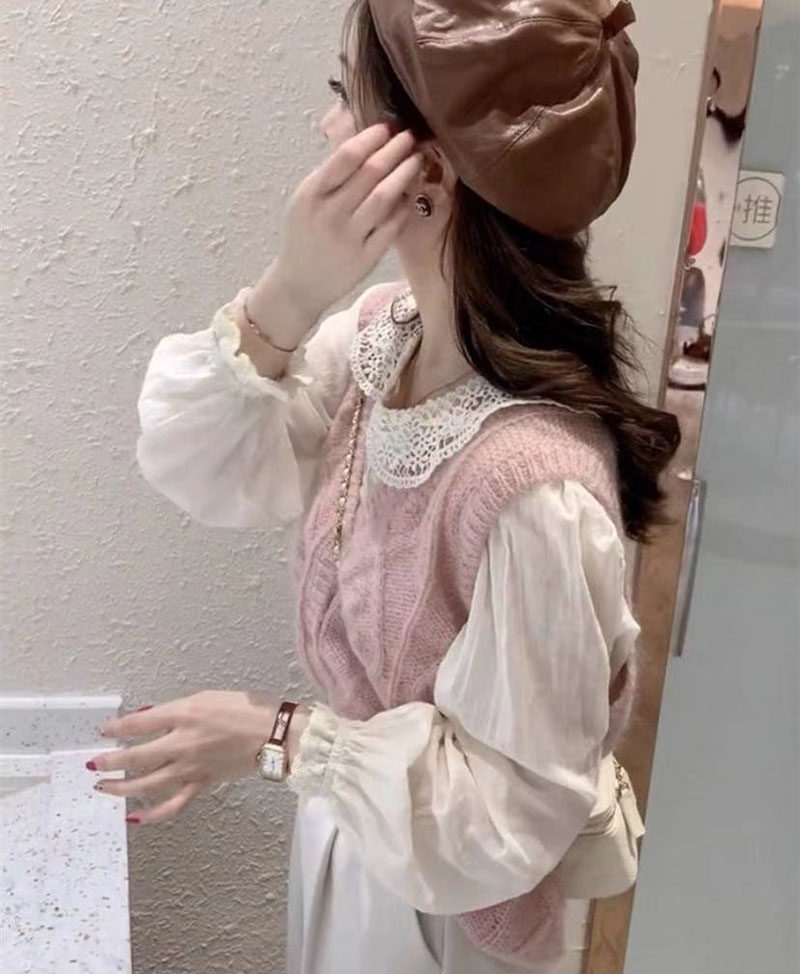 早秋新款女装蕾丝拼接娃娃领衬衫 芘魅衬衫