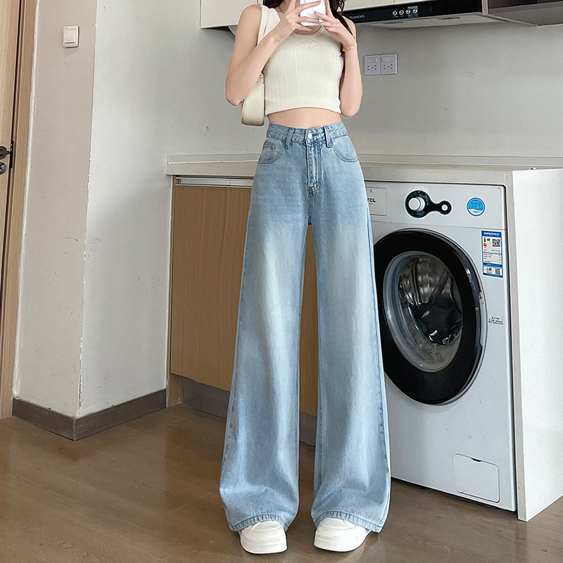 浅蓝色天丝阔腿牛仔裤女夏薄款2025年新款宽松高腰垂感冰丝直筒裤 - 图1