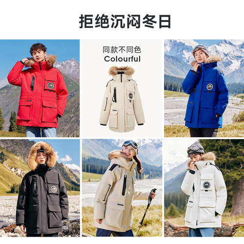 雪中飞冬季鹅绒工装男女羽绒服貉子毛领情侣装外套 - 图3