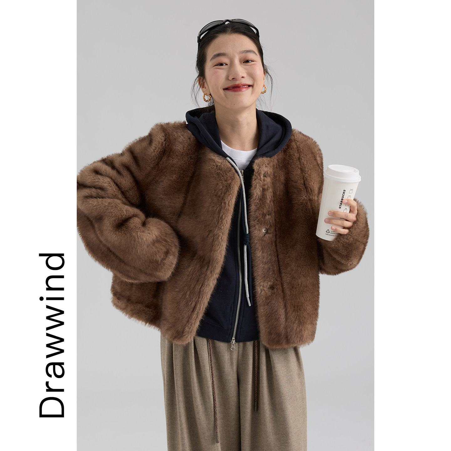 画风drawwind冬季咖色仿皮草毛毛保暖外套女无领毛绒上衣2026新款,淘宝优惠券,粉丝福利购,淘宝优惠卷