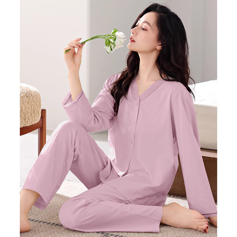睡衣女春秋款纯棉长袖2025新款休闲V领家居服宽松大码女款春秋季