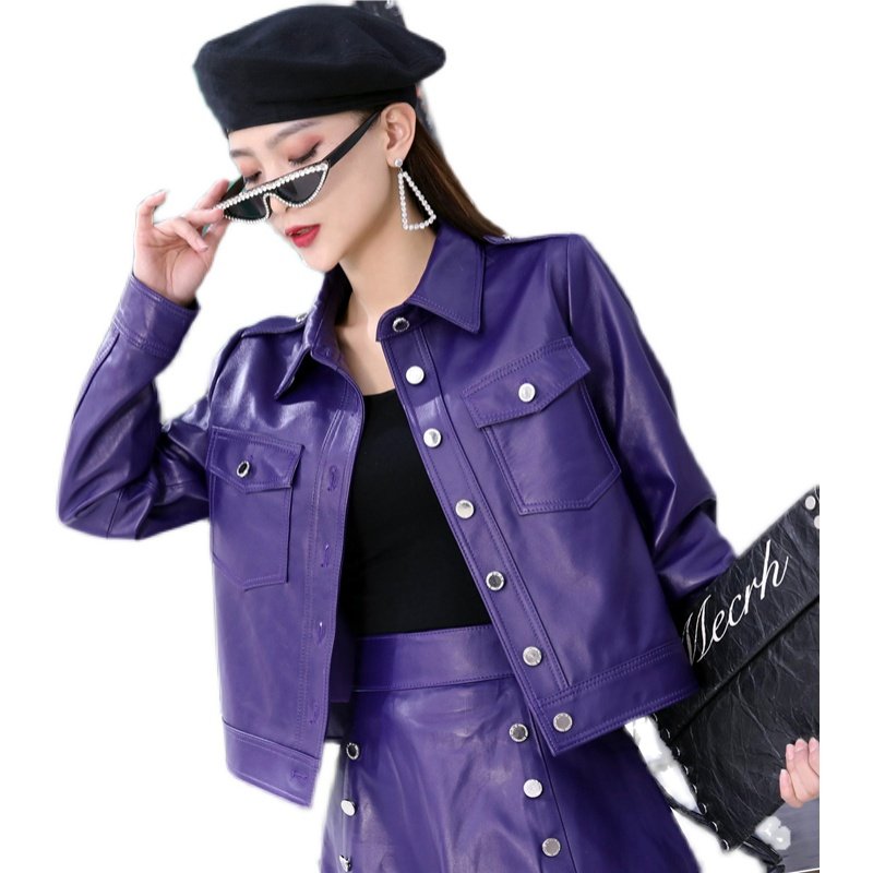 皮衣女短款2024秋季新款绵羊皮紫色皮夹克真皮韩版上衣长袖短外套,淘宝优惠券,粉丝福利购,淘宝优惠卷