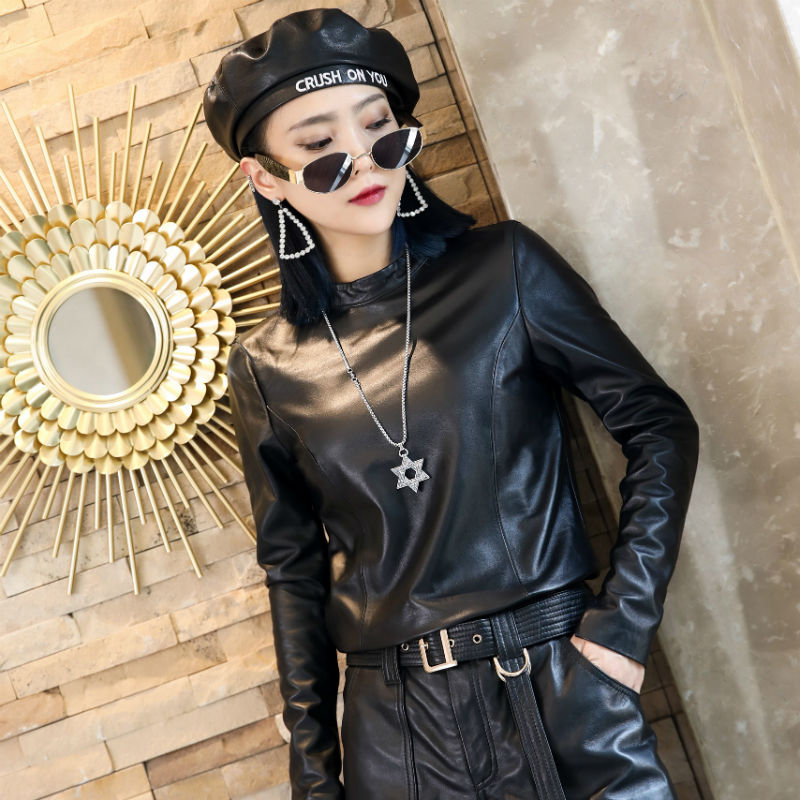 打底衫女2025秋季新款绵羊皮拼接蕾丝衫真皮修身上衣立领长袖小衫