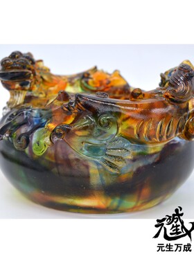 古法琉璃双貔貅聚宝盆财富天龙守护独立礼盒包装
