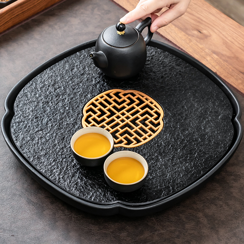 陶瓷天然石材茶台储水式小型乌金石现代简约家用办公茶盘功夫茶具