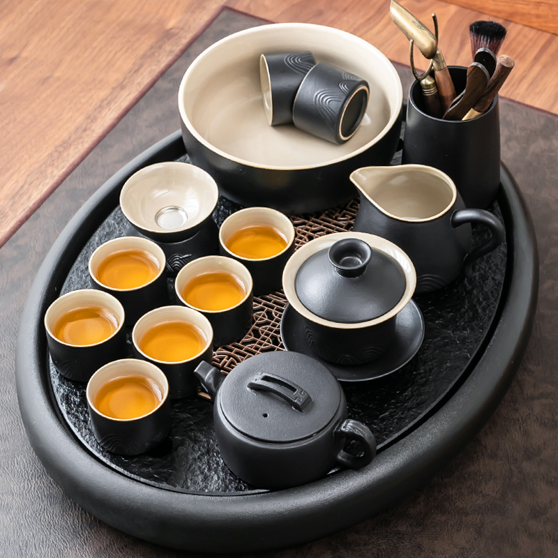 陶瓷天然石材茶盘小型功夫茶具家用办公储水式排水茶台茶杯小套装