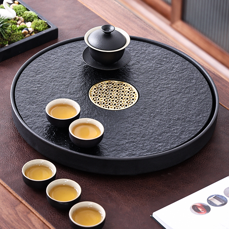 特大陶瓷天然乌金石茶盘储排水两用式现代简约家用办公圆形干茶台