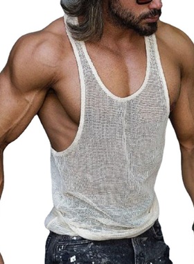 外贸男装2023夏季新款白色打底针织衫宽松健身运动背心men's