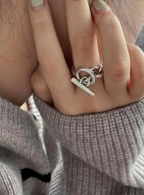 韩版S925银个性圆环多层戒指女复古时尚OT扣链条开口指环食指戒潮