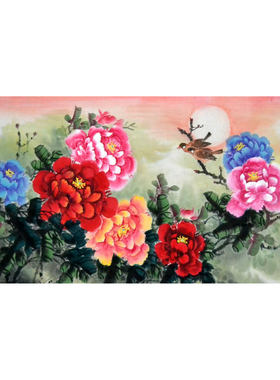 四尺国画牡丹花开富贵纯手绘李万沙发背景画花鸟字画装饰横幅挂画