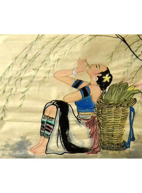 无款书房纯手绘四尺三开人物仕女图苗族写意国画字画原稿挂画客厅