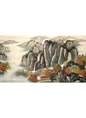 小八尺纯手绘挂画风景中式大堂装饰客厅春景酒店国画山水横幅字画
