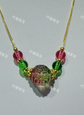 新款紫绿渐变西瓜碧玺雕花雕刻国风轻奢项链小众设计感锁骨链颈链