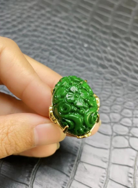 干青戒指老坑干青铁龙生辣绿飘花指环男女款玉扳指活口