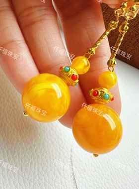 天然蜜蜡耳饰简约民族风蜜蜡耳环耳钩古风耳饰旗袍耳坠饰品