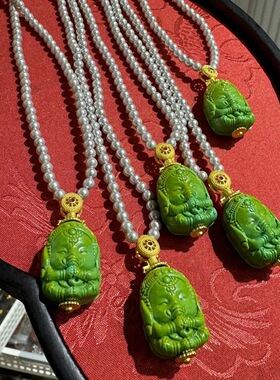 湖北绿松石菜籽绿象宝宝吊坠项链毛衣链吉祥如意时尚潮流女生礼物