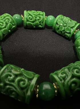 翡翠色祖母绿路路通手链雕花桶珠手串高档男女情侣同款