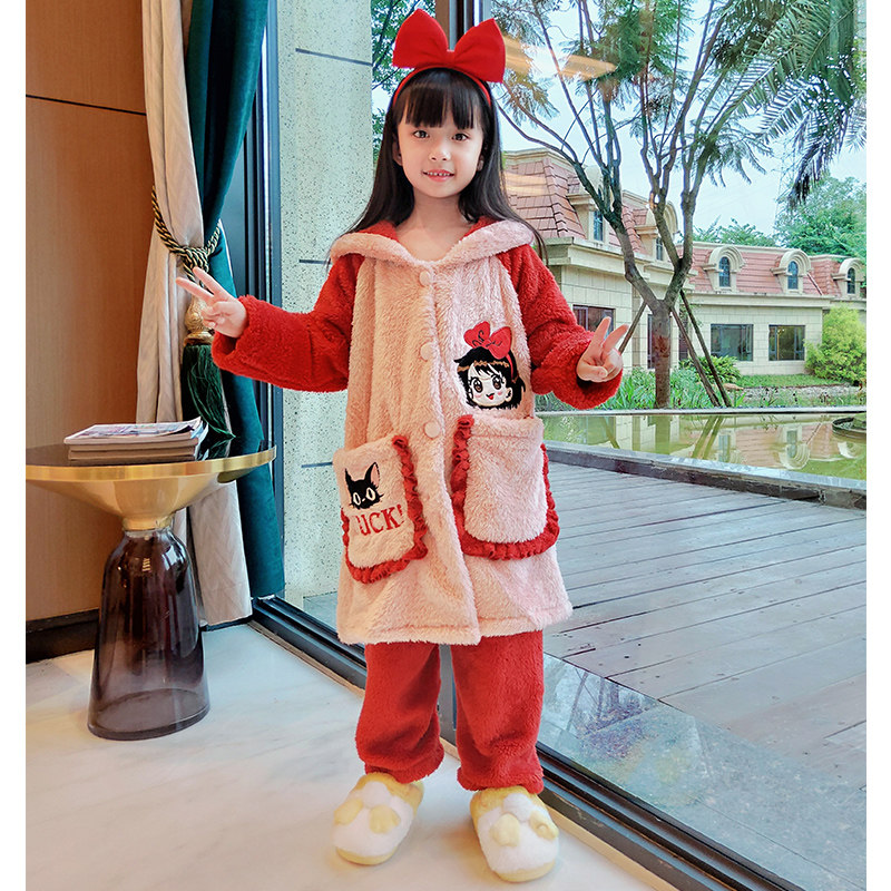 儿童女孩冬季珊瑚绒公主中长款睡袍 佰媛琪睡袍/浴袍
