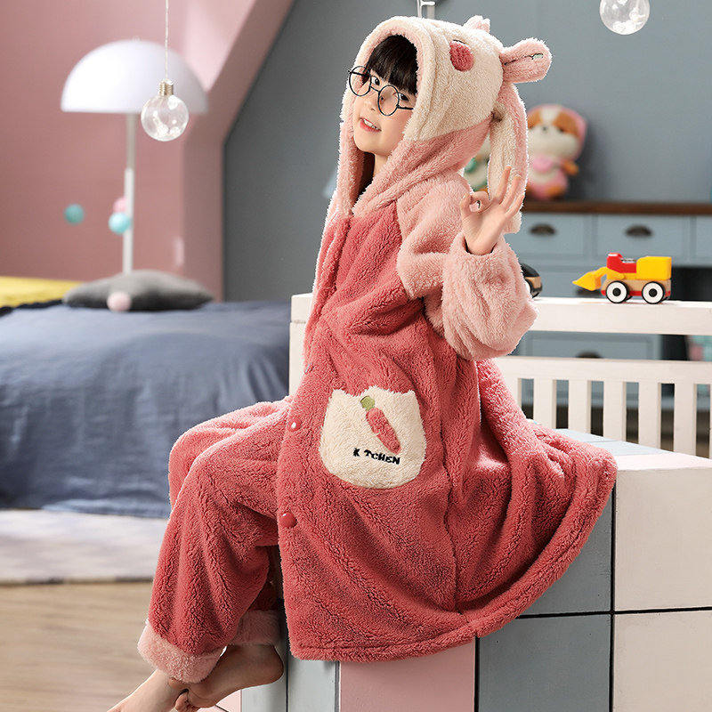 儿童女孩冬季珊瑚绒公主中长款睡袍 佰媛琪睡袍/浴袍