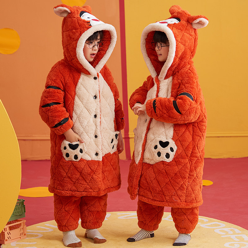 儿童睡袍男孩珊瑚绒冬季老虎男童加绒夹棉虎年兄妹装女孩浴袍套装,淘宝优惠券,粉丝福利购,淘宝优惠卷