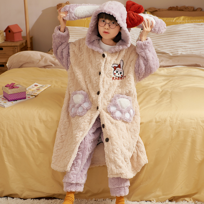 儿童睡袍珊瑚绒加厚套装冬天大童学生浴袍冬季女童家居服加绒睡衣
