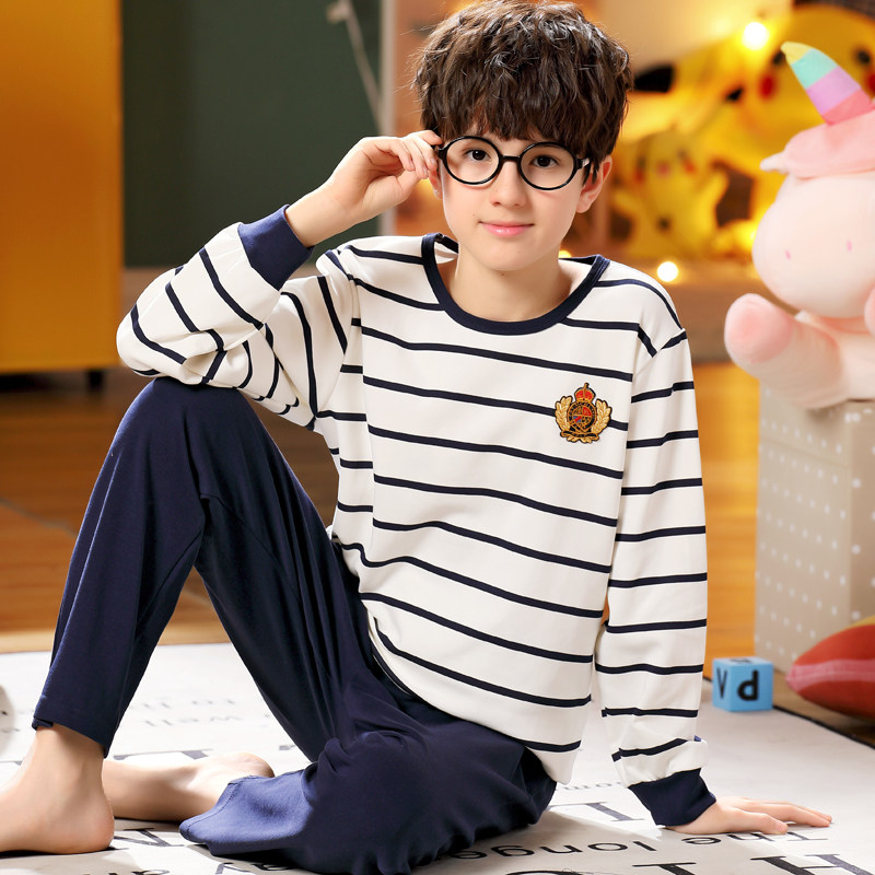 男童夏季纯棉长袖中大童12 13岁睡衣 佰媛琪睡衣/家居服套装