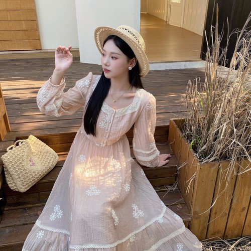 MOBAI默白【心动缪斯】法式刺绣气质大摆连衣裙秋季长袖显瘦长裙 - 图2