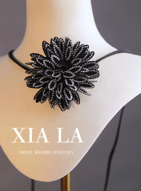 夏拉水钻女原创黑色花朵项链