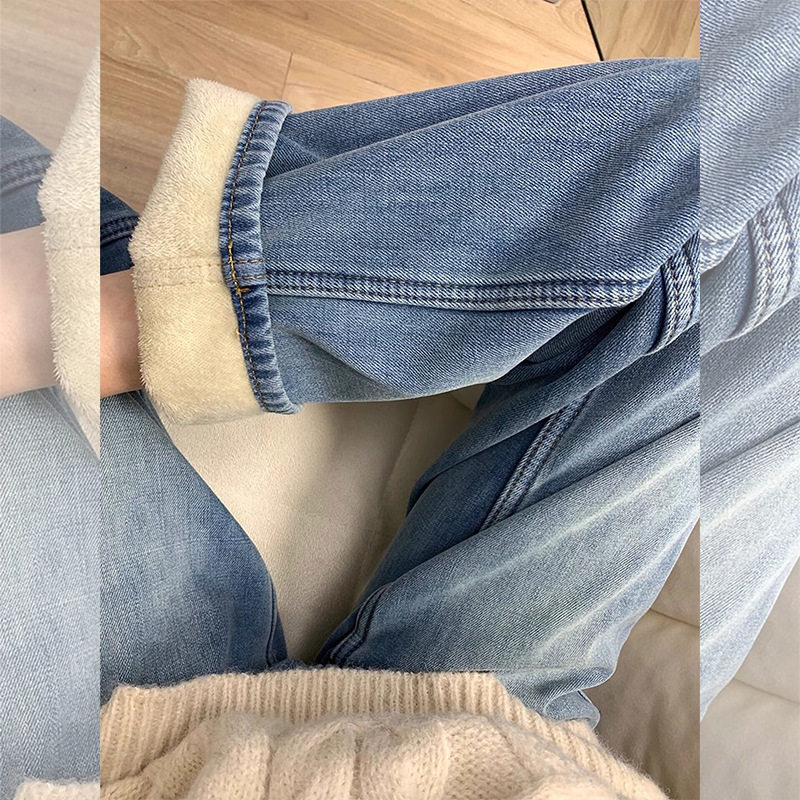 冬季宽松胖mm梨形身材加绒加厚大码牛仔裤女显瘦高腰直筒阔腿裤子,淘宝优惠券,粉丝福利购,淘宝优惠卷