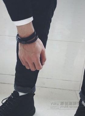 男士黑色牛皮时尚风韩版学生手环