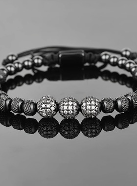 欧美潮流首饰金色镶锆石钻球手链钛钢菠萝珠男士串珠时尚手串配饰