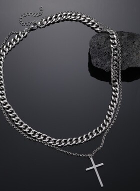 钛钢男生双层叠十字架项链