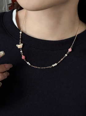 时尚简约轻奢精致天然淡水珍珠滴油蝴蝶项链气质百搭高级感锁骨链
