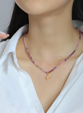 原创新款复古轻奢八芒星项链女时尚精致气质百搭紫色天然石锁骨链