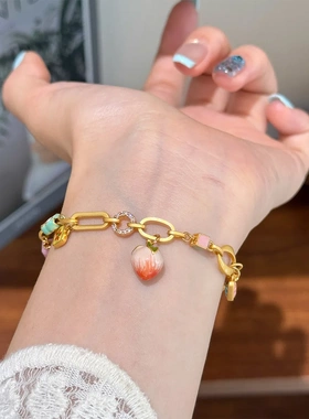 原创复古彩色滴油多巴胺微镶锆石水蜜桃花朵手链轻奢高级感手饰女