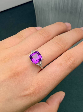 意大利设计天然紫水晶戒指s925银工艺经典烟花正方戒指9*9mm活口