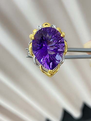 意大利精工乌拉圭紫水晶戒指S925银镀金女士活口戒指不掉色颜色好 - 图0