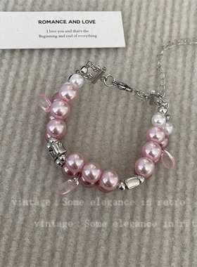 秋季新款法式复古淡粉紫色串珠双层珍珠项链手链搭配毛衣高贵大气