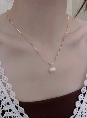 几何方圆夏季小众高级感轻奢小珍珠不对称拼接锁骨项链女