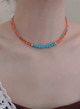 新中式国潮桔色串珠项链小众设计敦煌风高级感气质精致锁骨链